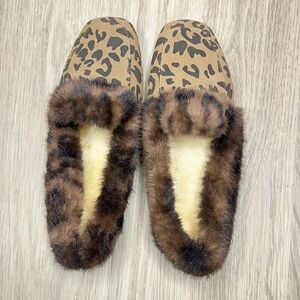 Leopard Print Faux Fur Fleece Slip Women's moccasins Sz 40 US 9-9.5